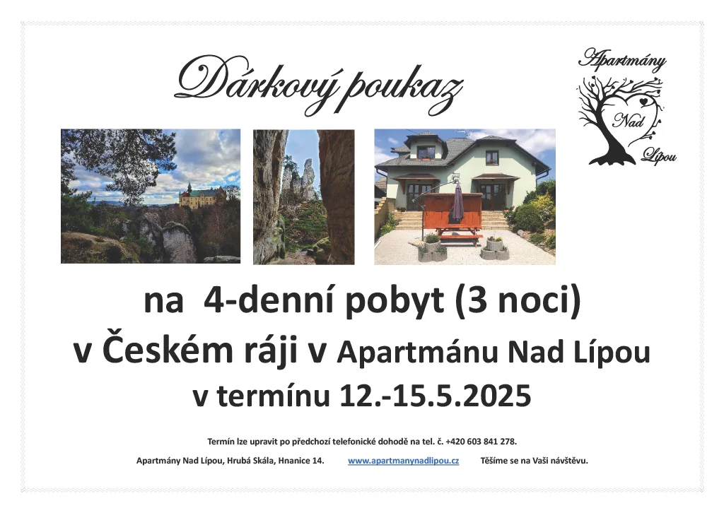 Ukázka dárkového poukazu Apartmánů Nad Lípou